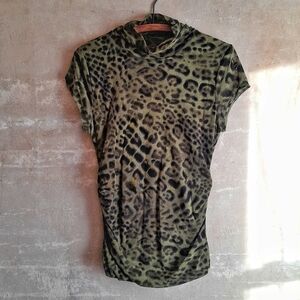 250a. green & black Chaus leopard print short sleeve mock neck mesh y2k top, L